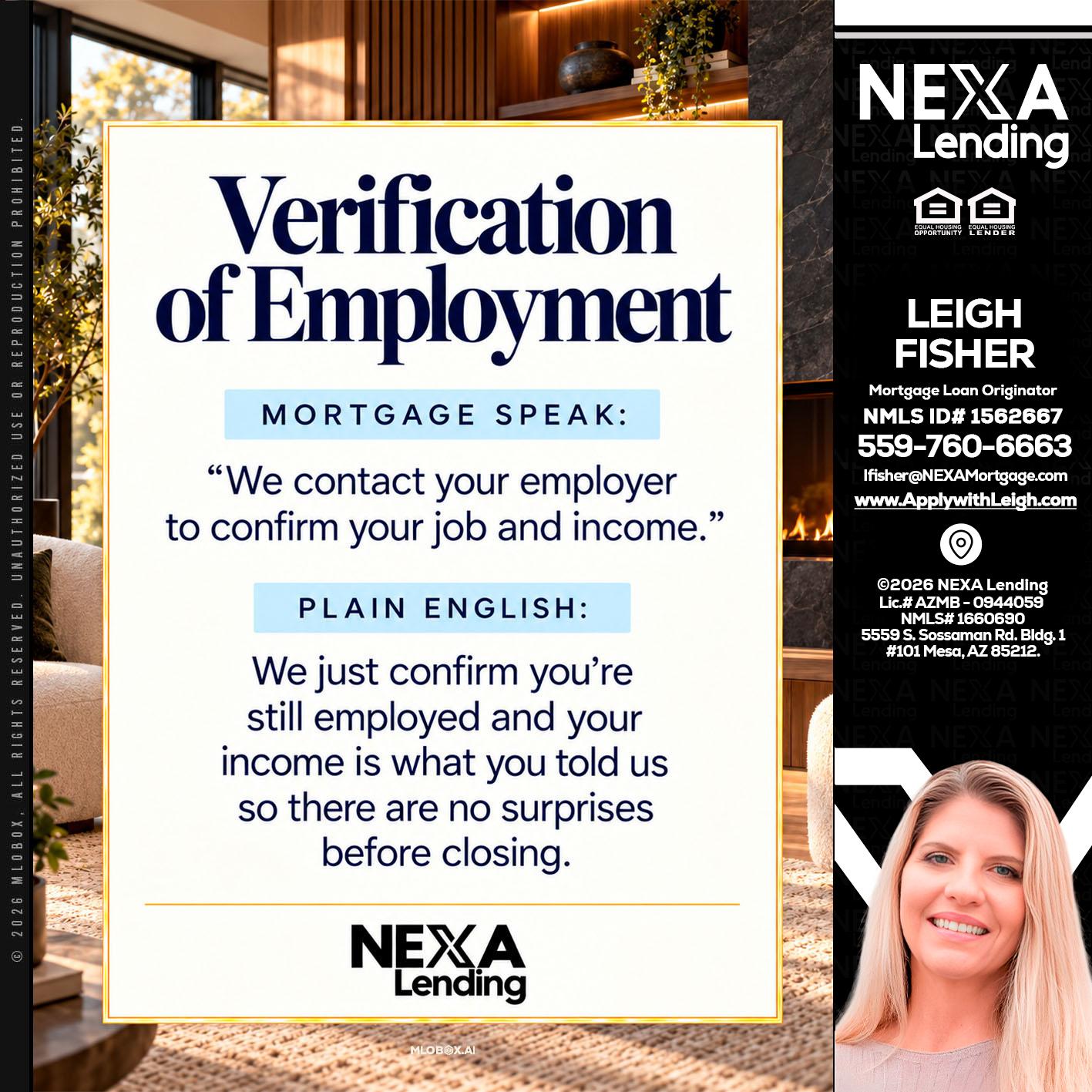 VERIFICATION OF EMPLOYMENT - Leigh Fisher -Mortgage Loan Originator
